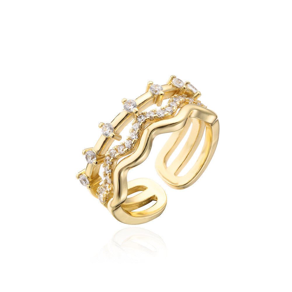 Geometric Gold Plated Brass Micro-Pave Cubic Zirconia Open Ring for Women