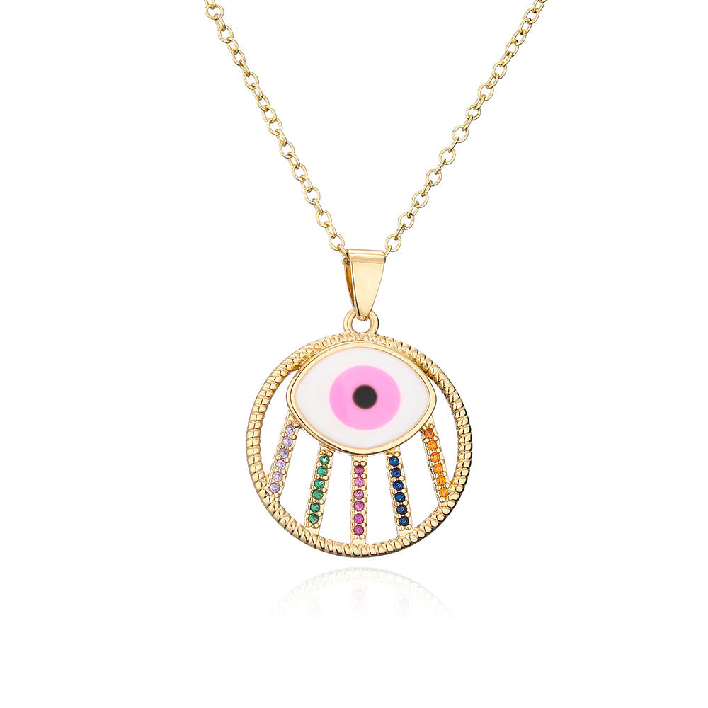 Geometric Drip Oil Gold Plated Brass Cubic Zirconia Eye Pendant Necklace