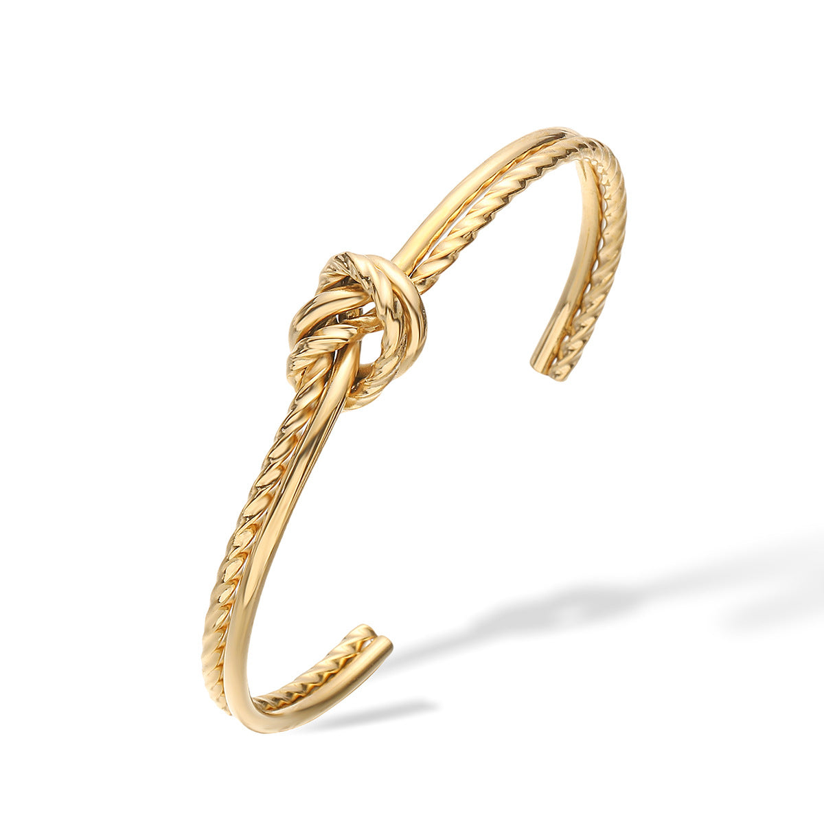 Bracciale minimalista da donna in acciaio inossidabile con apertura a nodo geometrico e finitura placcata