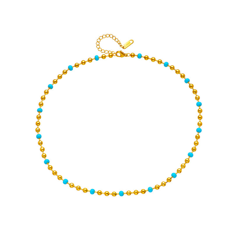 Minimalist Geometric Titanium Steel Plated Necklace with Turquoise Beads and Round Ball Chain for Women