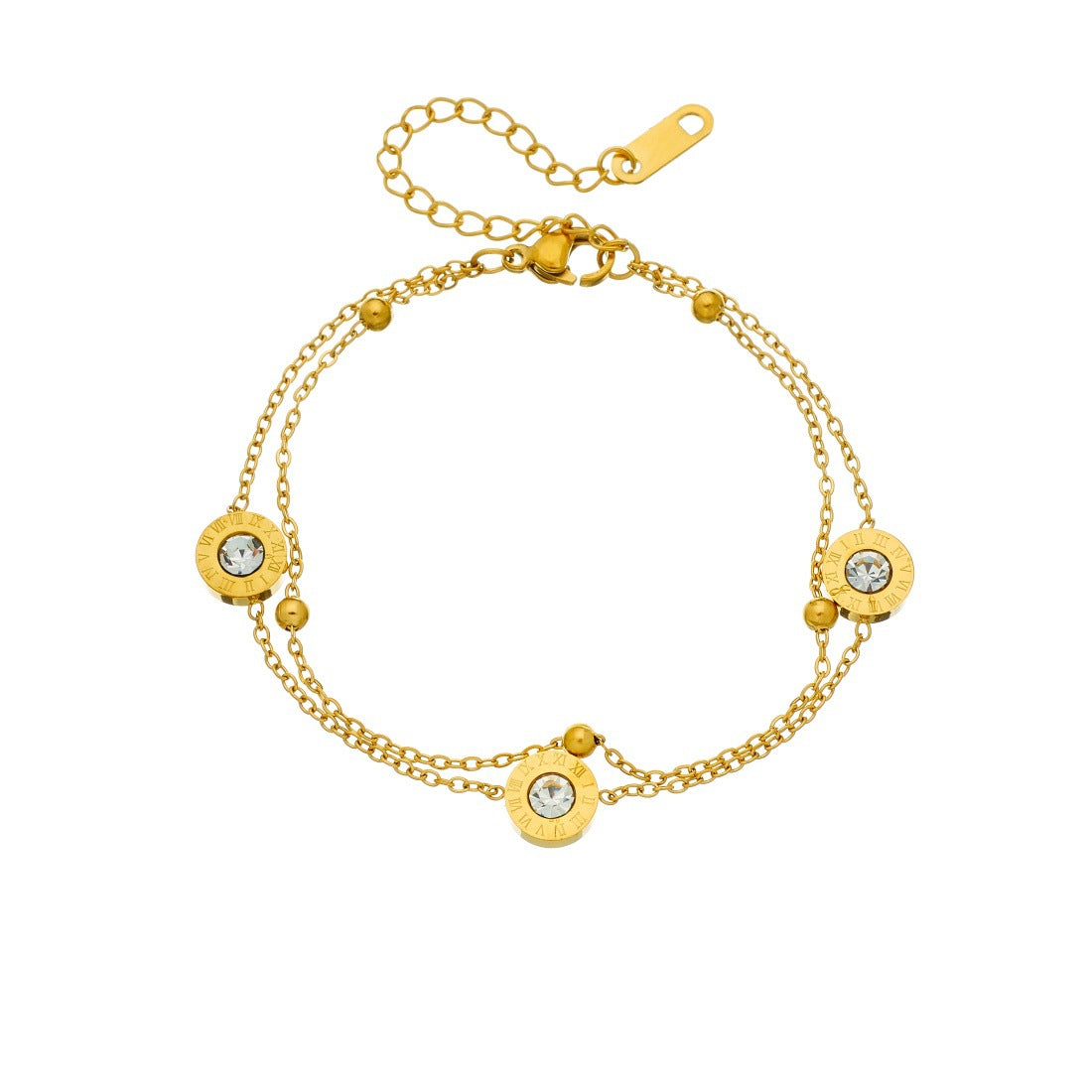 Minimalist Round Geometric Rhinestone Inlay Gold Plated Stainless Steel Double Layer Chain Bracelet with Roman Numerals