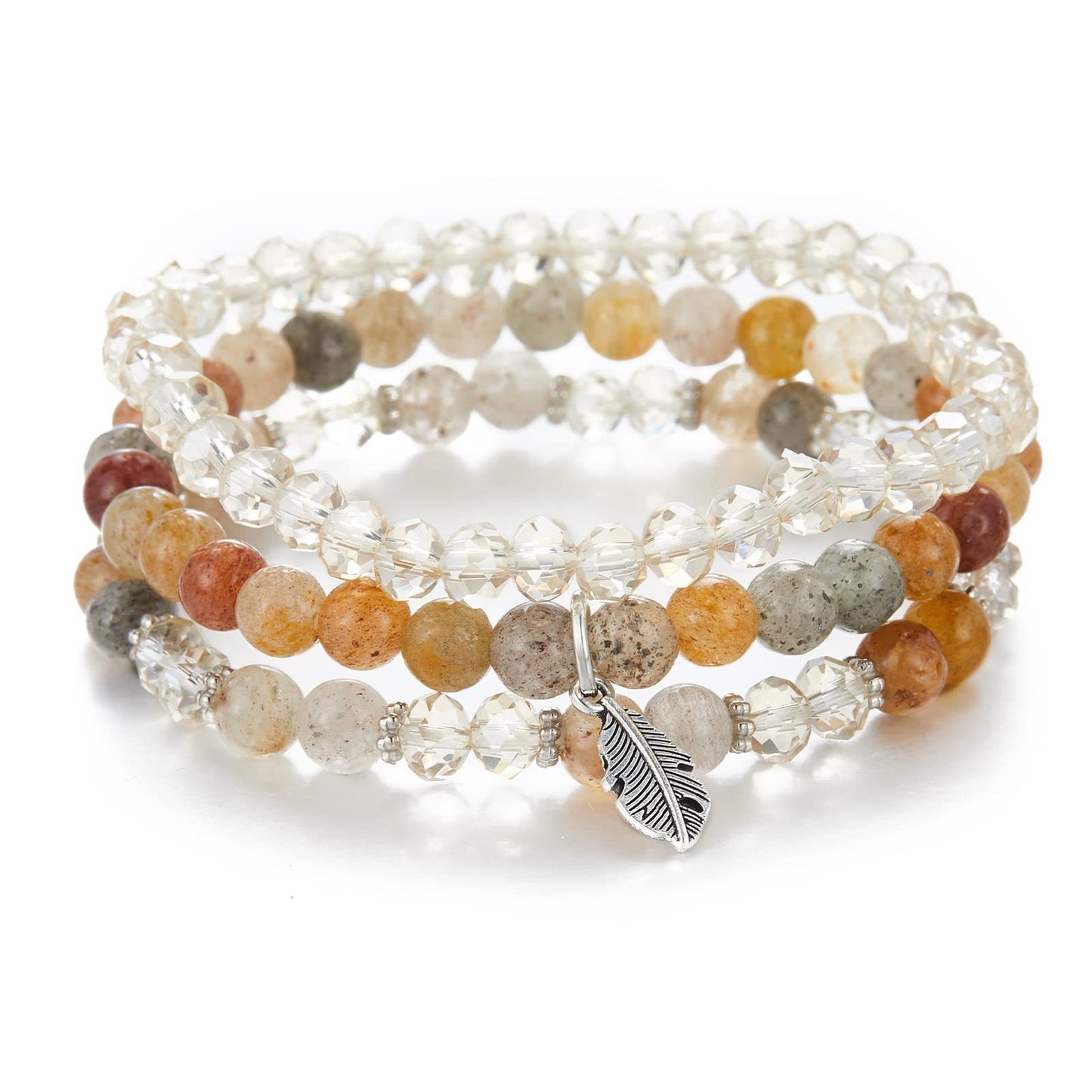 Minimalist Geometric Crystal Feather Pendant Bracelet Set