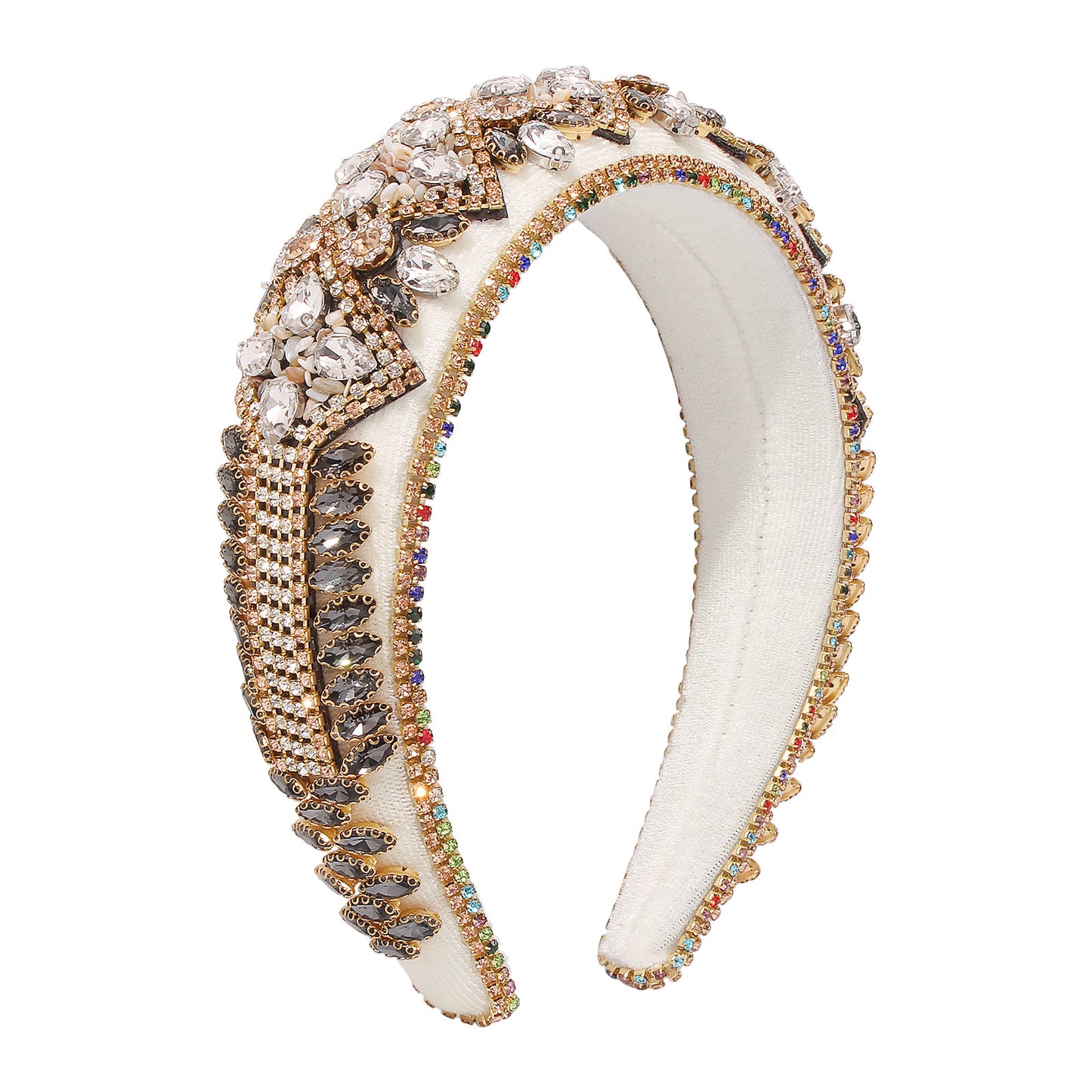 Geometric Style Thick Sponge Hair Hoop for Women - Handmade Alloy Hair Accessory with Rhinestones and Glass Beads, Fashion European Trendy Hair Clip for Party