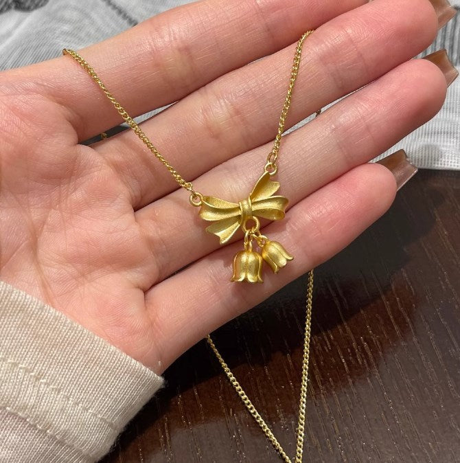 Original Design Floral Bow Knot Orchid Pendant Necklace for Women and Men in Titanium Steel with Plated Finish and O-Chain