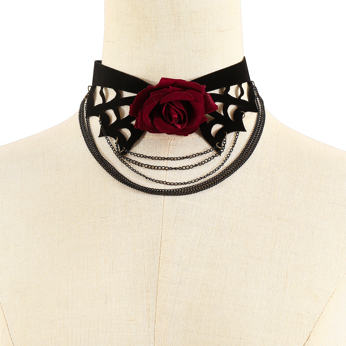 Collar con colgante de rosa floral para mujer, dulce y atrevido, para Halloween, con colgante de tela de terciopelo y cadena con borlas multicapa
