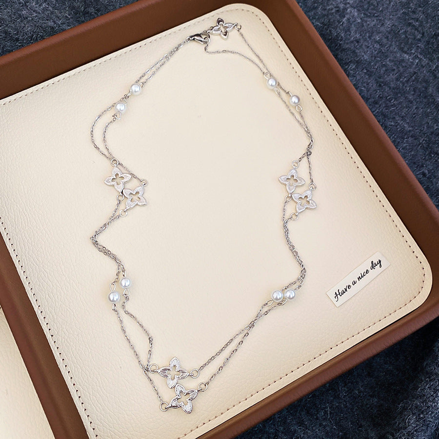 Collana pendente floreale da donna minimalista ed elegante con occhio di tigre e perle, in lega placcata oro, stile catena per maglione, per tutti i giorni