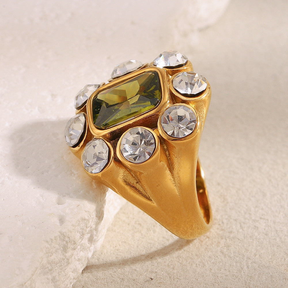 Anello quadrato geometrico in zircone in stile francese da donna in acciaio inossidabile con placcatura in oro 18 carati, gioielli di lusso leggeri