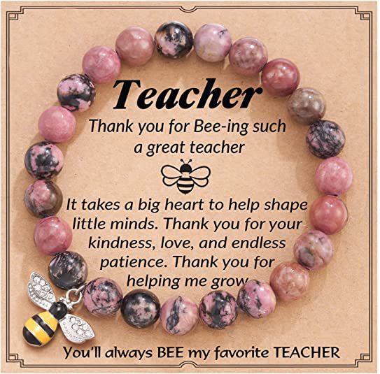 Natural Agate Bee Charm Bracelet Handmade Elastic Beaded String Unisex Jewelry