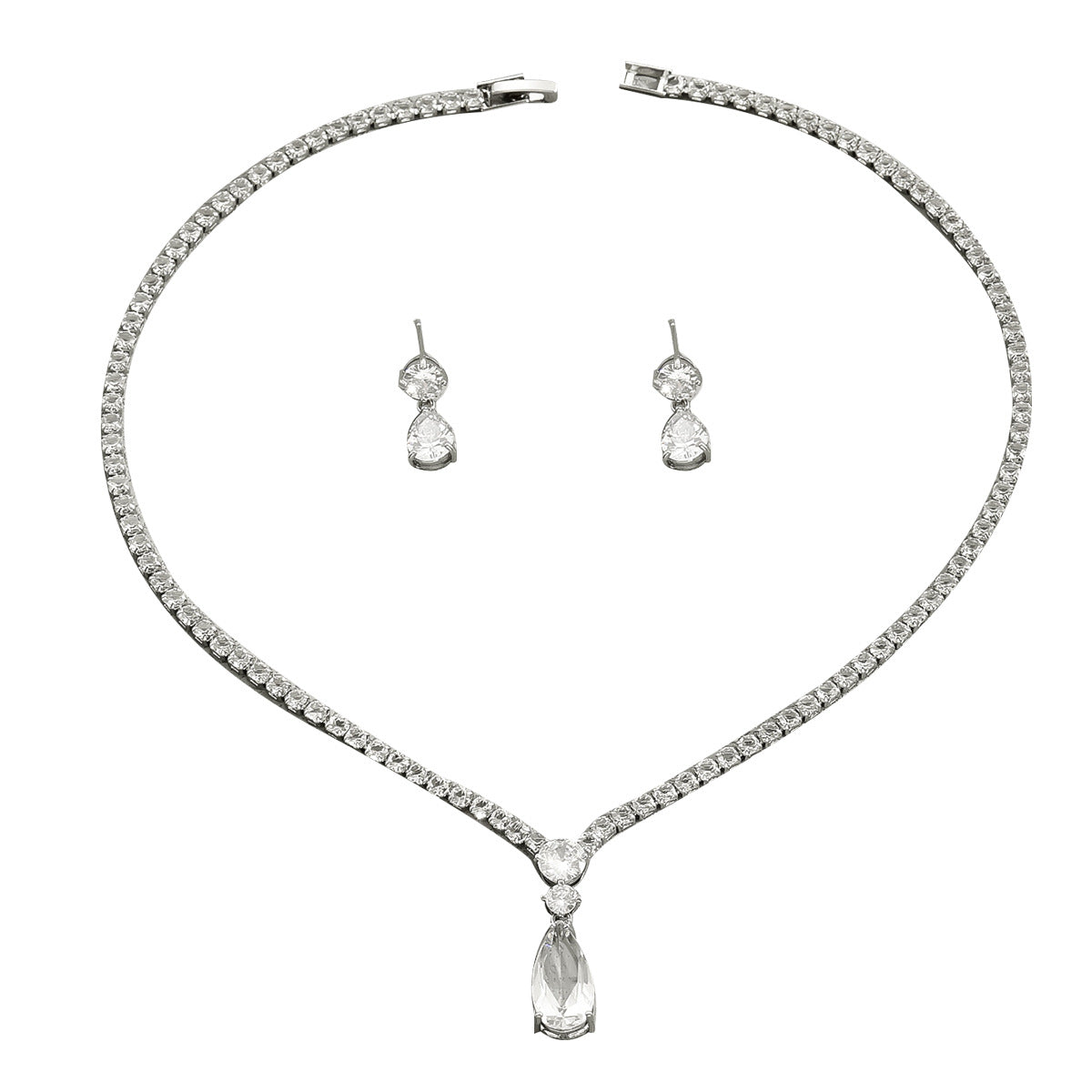 Set minimalist di orecchini e collana da donna, con zirconi intarsiati, a goccia e delicata catena per clavicola