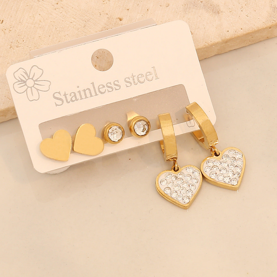 Orecchini alla moda con cuore, luna, farfalla e forme geometriche in acciaio inossidabile con strass, da donna