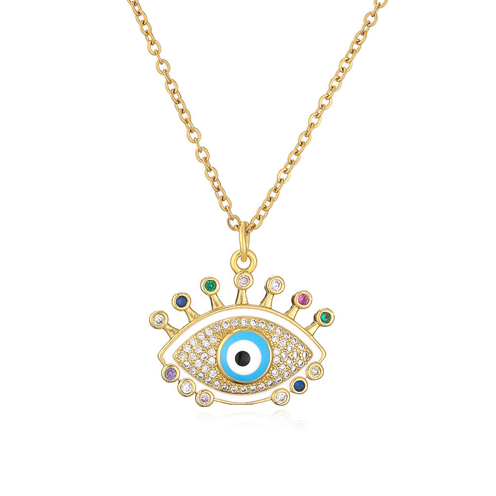 Minimalist Geometric Evil Eye Pendant Necklace for Women with Copper Base and Gold Plating, Enamel Finish and Zircon Inlay