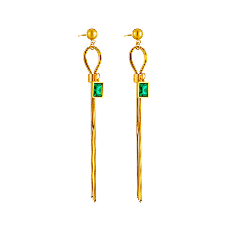 Minimalist Retro Geometric Stainless Steel Earrings with Green Rhinestone Accents and Long Tassel Dangle Design