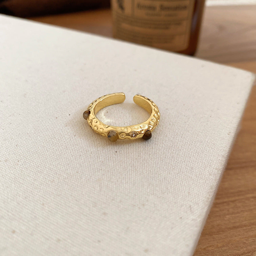 Anello in Occhio di Tigre Geometrico Stile Malaard con Intarsio in Zirconi per Donna, Anello da Dito Regolabile Lusso Minimalista