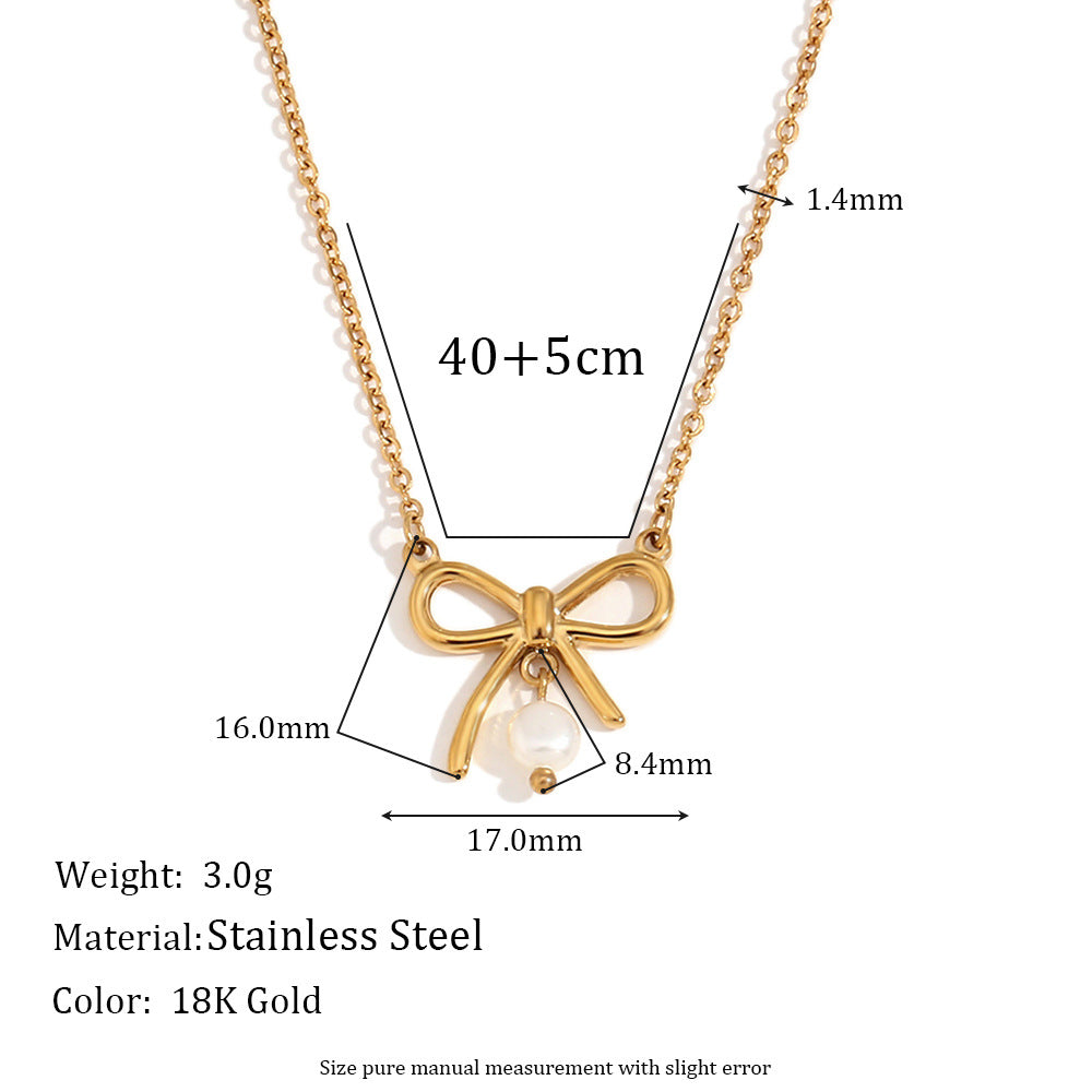 Minimalist Fashion Stainless Steel Plated 18K Gold Freshwater Pearl Necklace with Mini Heart and Bow Pendant