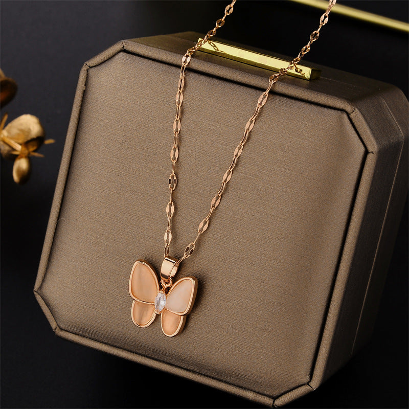 Minimalist Butterfly Pendant Necklace for Women in Titanium Steel with Mother-of-Pearl Inlay and Wavy Chain