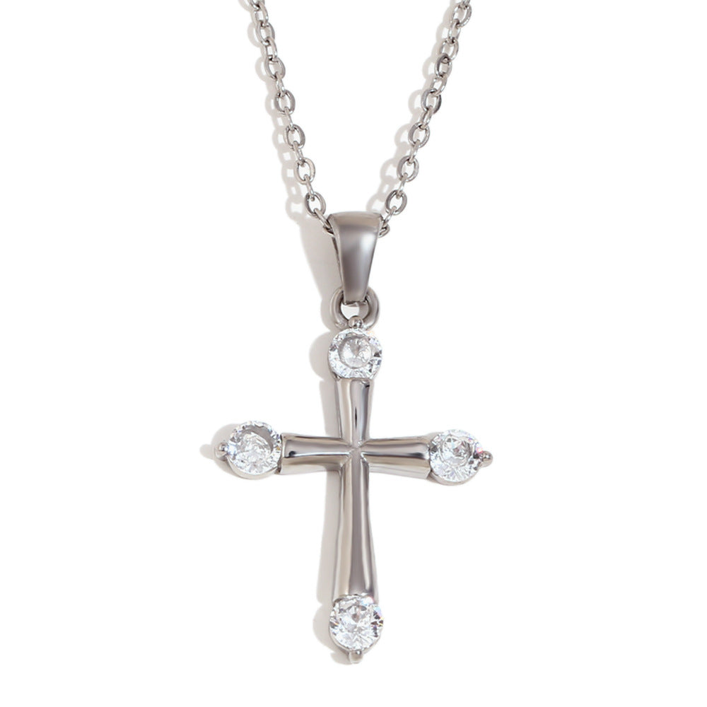 Collar con Colgante de Cruz Minimalista de Acero Inoxidable con Baño de Oro de 18K y Circonitas Blancas Microincrustadas para Mujer