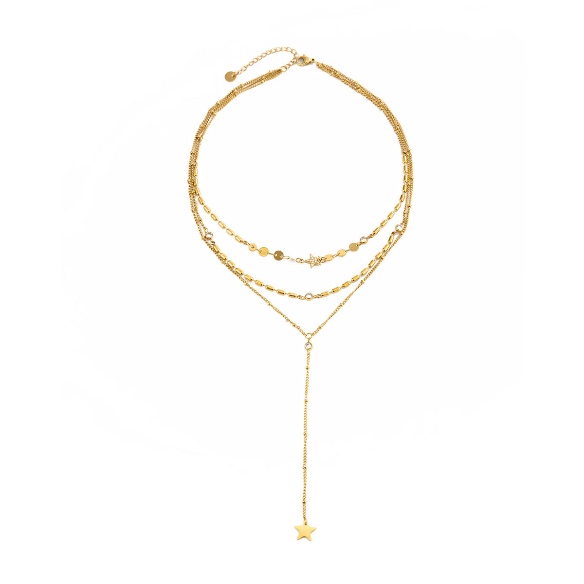 Luxury Star Pendant Stainless Steel Necklace with Rhinestone Inlay and Tassel Layered Design for Women