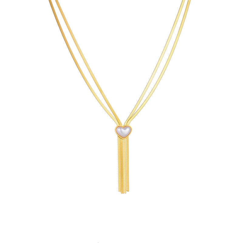 Vintage Fashion Pearl and Heart Pendant Titanium Steel Plated Multi-Layer Necklace with Fringe Detail and Blade Chain