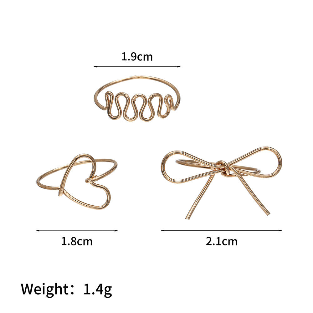 Minimalist Sweet Heart Knot Geometric Plated Alloy Ring Set for Women