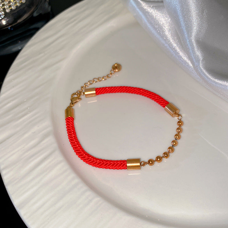 Minimalist Sweet Round Titanium Steel Plated Bracelet with Red Cord