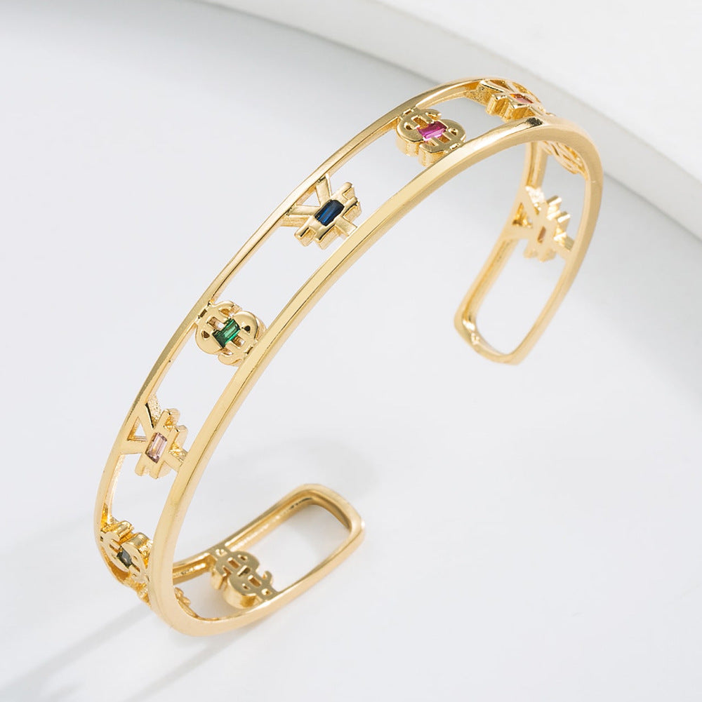 Minimalist Geometric Hollow-Out Cuff Bracelet for Women with Copper Base Plated in 18K Gold and Micro-Paved Zirconia