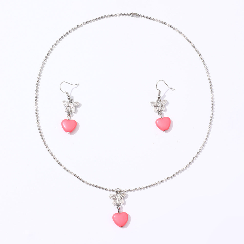 Set Collana con Ciondolo a Farfalla e Cuore in Resina con Catena di Perline per Bambini