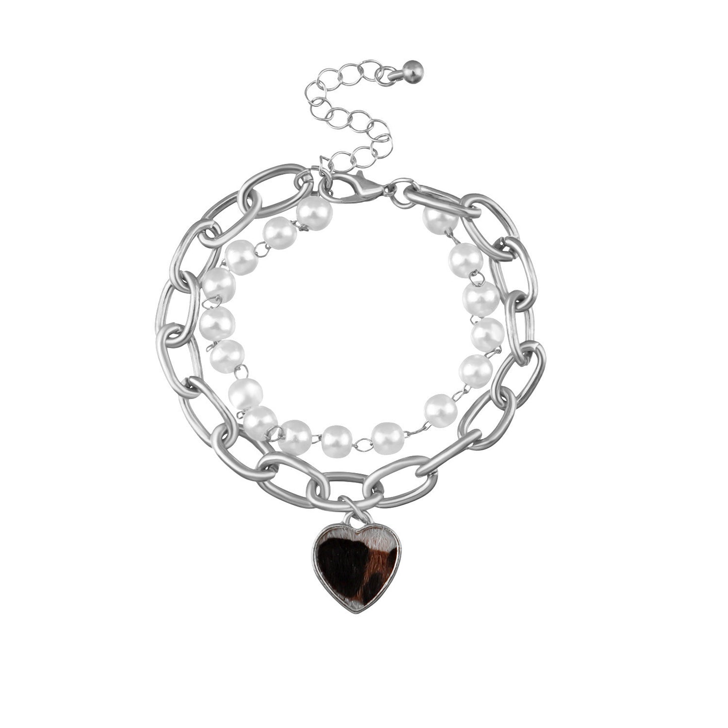 Fashion Casual Leopard Print Heart-Shaped Alloy Bracelet with Pearl-Embellished Chain for Women