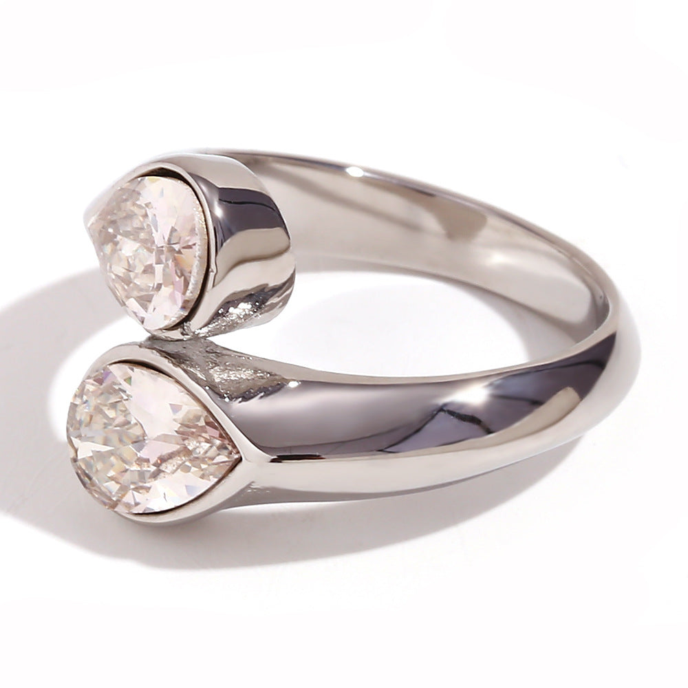 Minimalist Geometric Stainless Steel Plated 18K Gold Double Teardrop Open Ring for Women