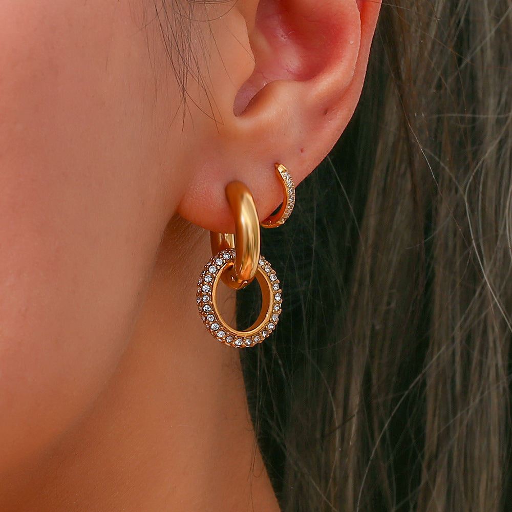 Fashion Geometric Round Hoop Earrings Stainless Steel 18K Gold Plated Cubic Zirconia for Women