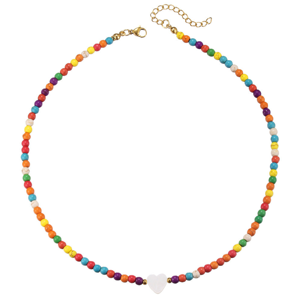 Bohemian Colorful Turquoise Beaded Necklace with Heart Mother of Pearl Pendant on Cable Chain for Women