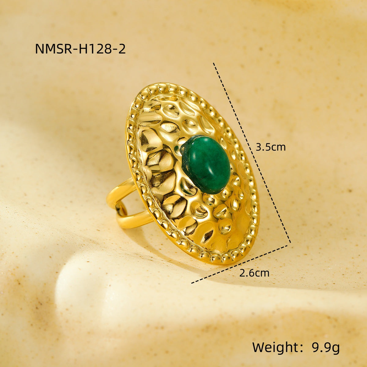 Elegante anillo de acero inoxidable ovalado arrugado estilo vintage francés con incrustaciones de piedra natural para mujer