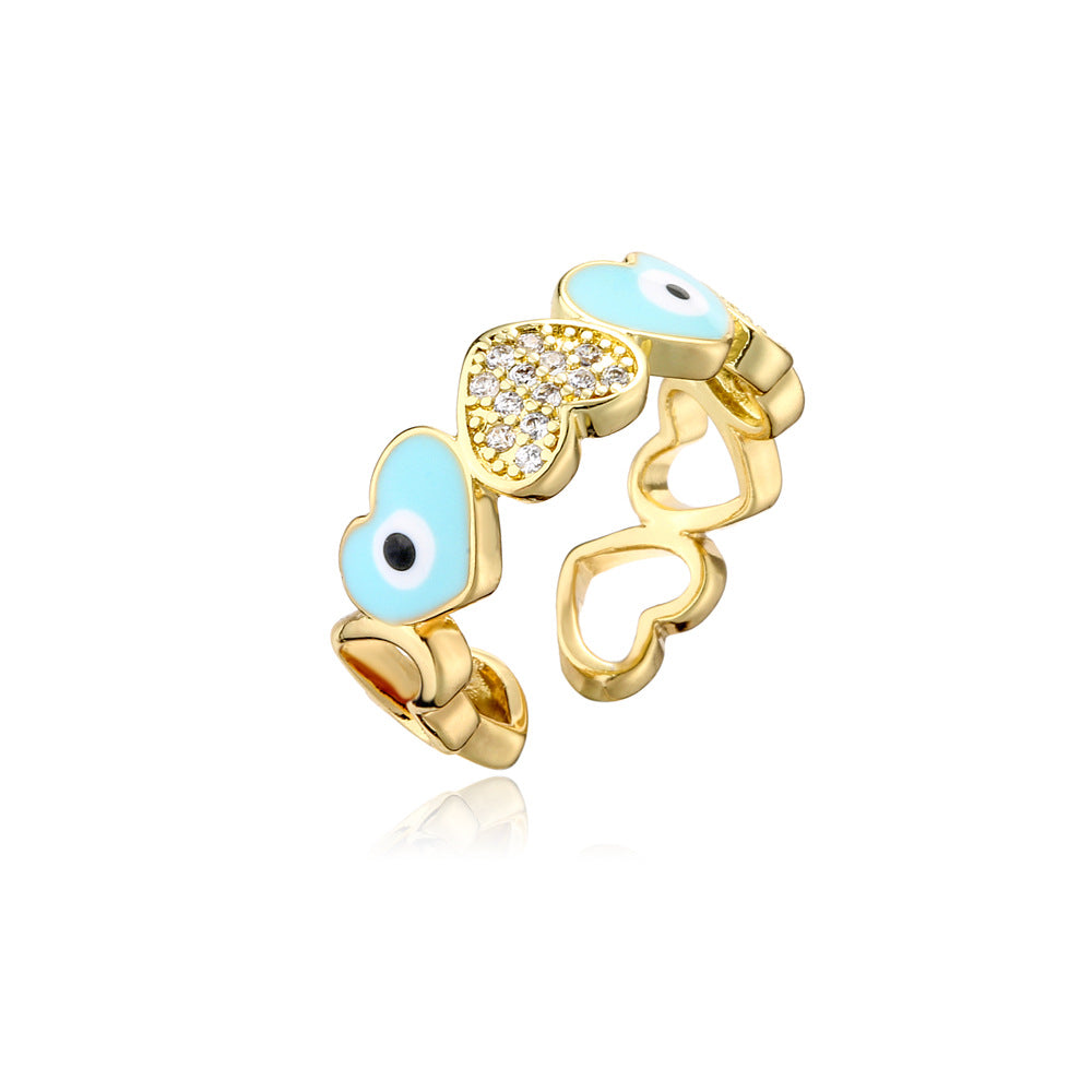 Casual Gold Drip Oil Heart Geometric Brass Ring with Cubic Zirconia for Women
