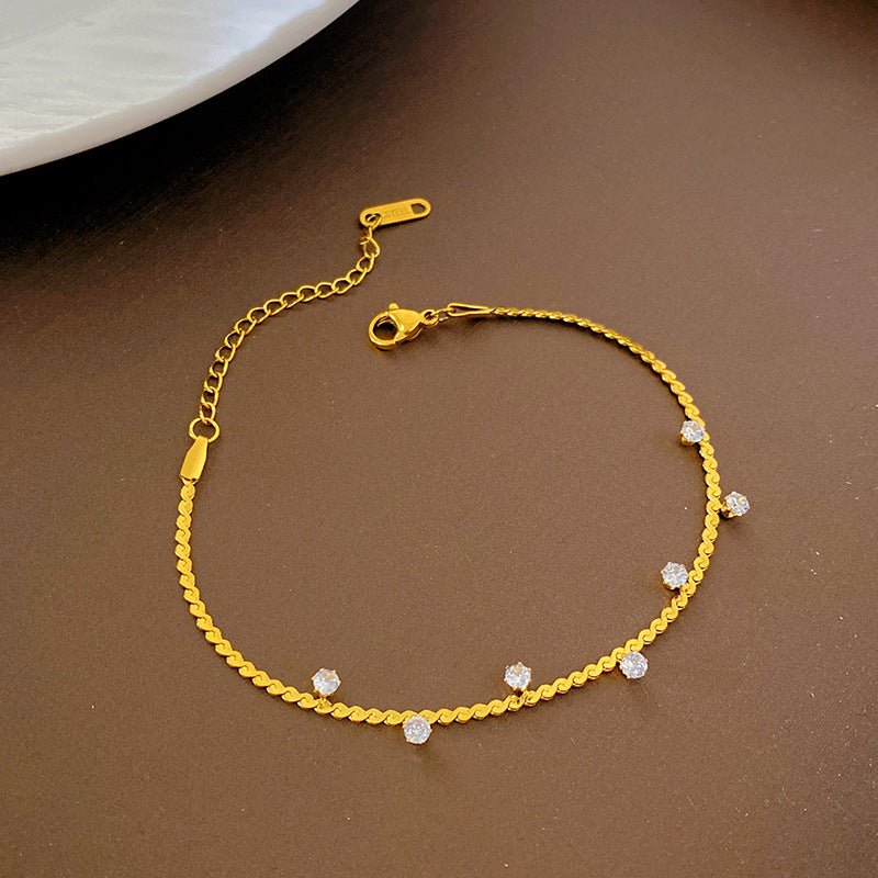Gold Plated Titanium Steel Braided Rope Chain Bracelet with Geometric Rhinestone Faceted Design