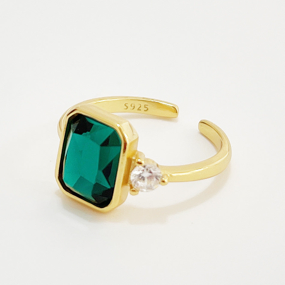 Minimalist 925 Sterling Silver Rectangle Ring with Green Gemstone Plated Finish for Women