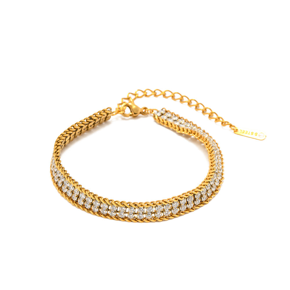 Minimalist Geometric Stainless Steel Bracelet with 18K Gold Plating and White Zirconia Accents