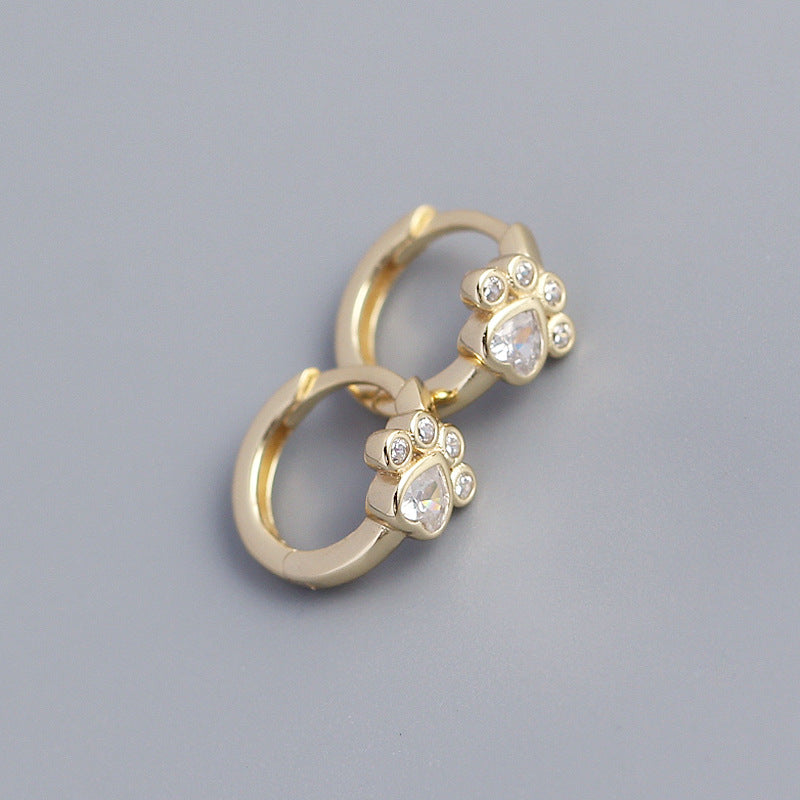 Sweet 925 Sterling Silver Inlaid Diamond Cat Paw Hoop Earrings