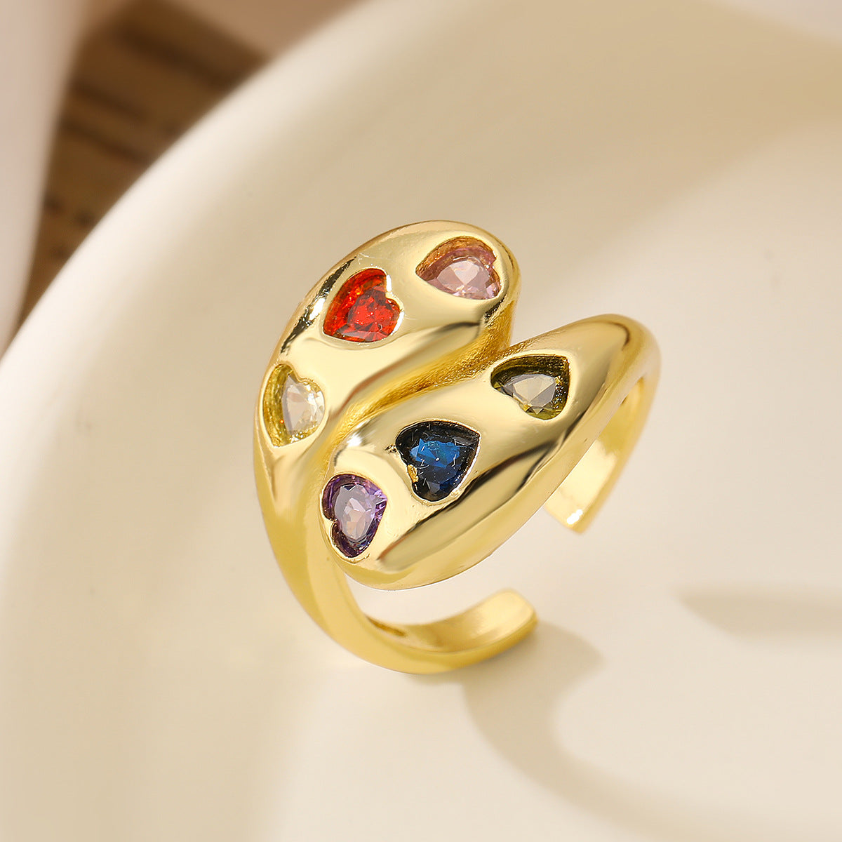 Minimalist Geometric Copper Ring with Gold Plating and Zircon Inlay for Women