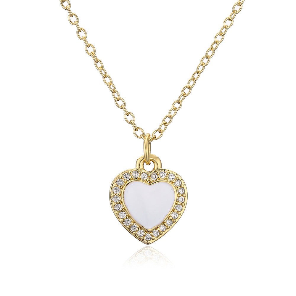 Elegant Heart Micro-Inlaid Cubic Zirconia Drip Oil Brass Pendant Necklace with Cable Chain