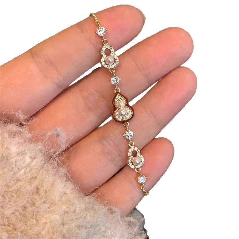 Luxury 18K Gold Plated Cubic Zirconia Pearl Gourd Bracelet for Women
