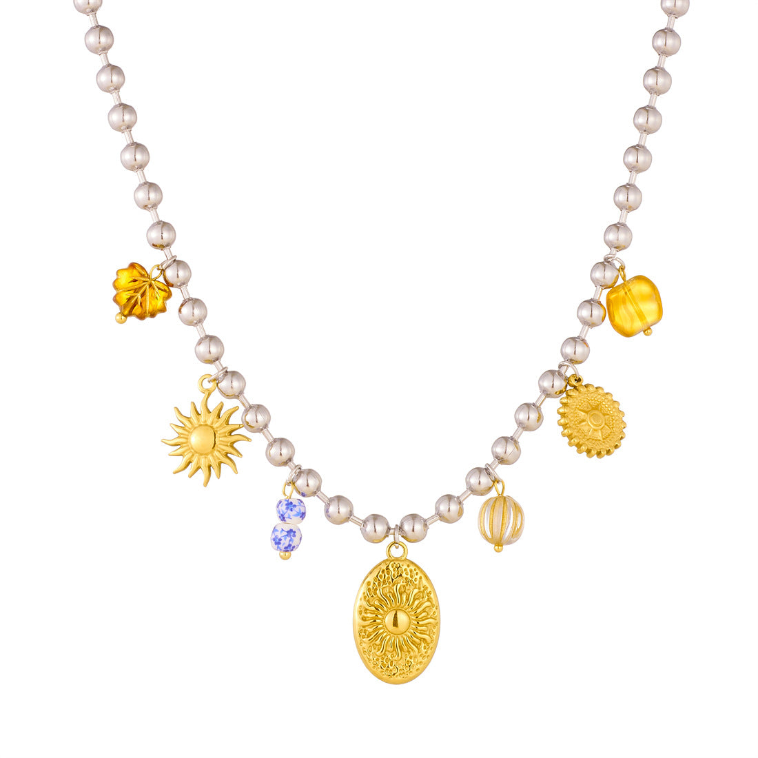 Minimalist Casual Oval Geometric Sun Flower Embossed Stainless Steel Pendant Ball Chain Necklace for Women