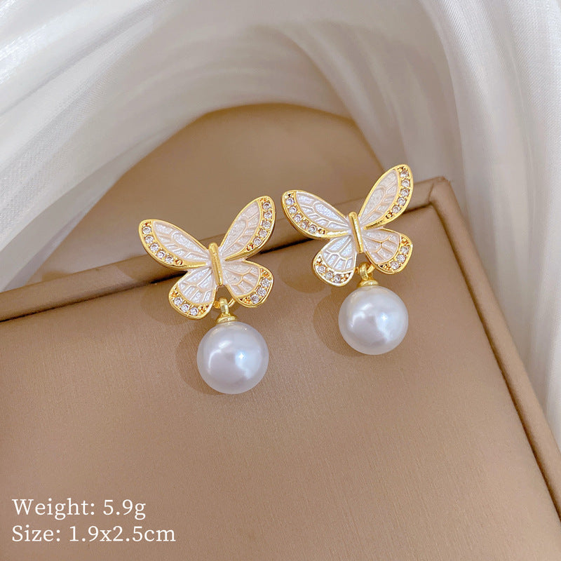 Sweet Drip Oil Butterfly Rhinestone and Pearl Necklace Set with Titanium Steel Cable Chain for Women