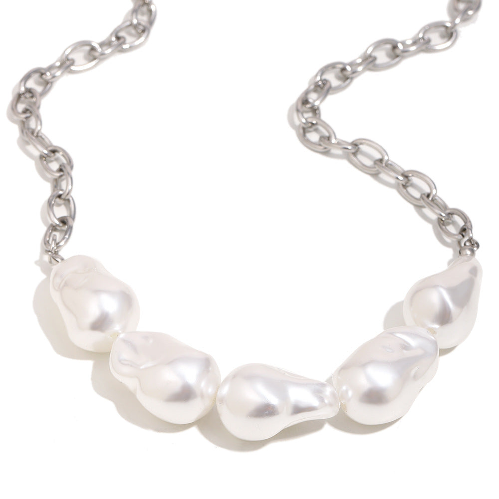 Collar con colgante de perlas barrocas chapado en oro de 18 quilates de acero inoxidable geométrico de lujo minimalista para mujer con cadena tipo O