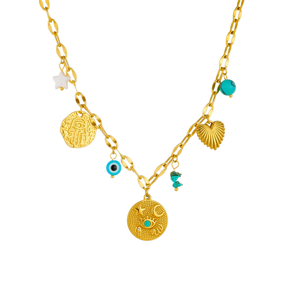 Collana con ciondolo a stella e cuore in stile vintage con intarsio in strass blu su catena a serpente in acciaio inossidabile da donna