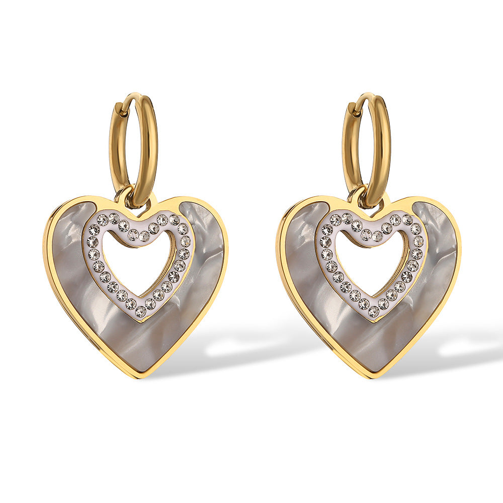 Orecchini da donna a forma di cuore in stile francese elegante, con zirconi e conchiglie, in acciaio al titanio, accessorio di moda minimalista