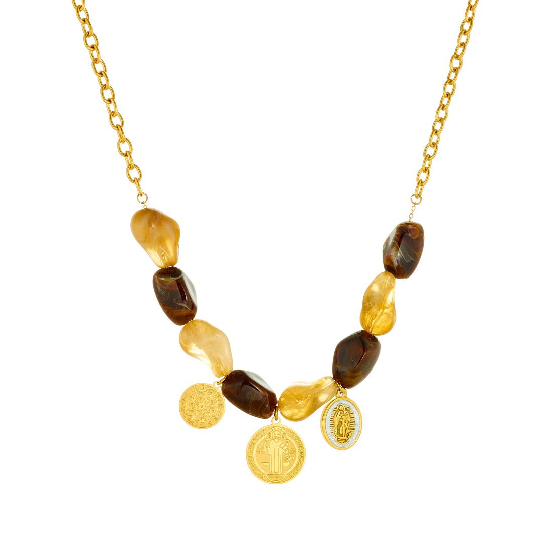 Vintage Gold Plated Stainless Steel Round Pendant Necklace and Bracelet Set with Cross and Geometric Patterns