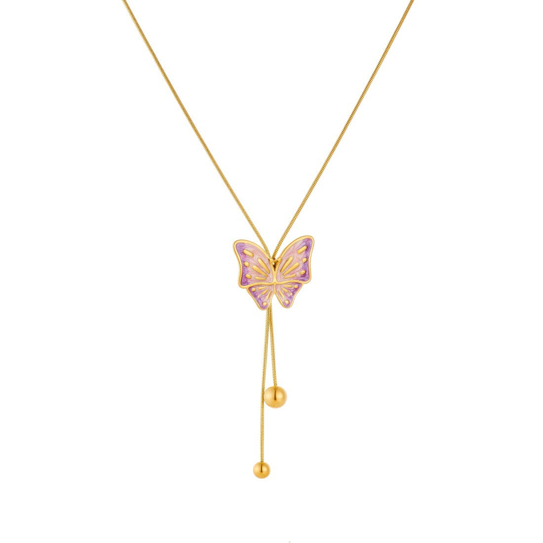 Minimalist Pink Purple Gradient Butterfly Drip Oil Plated Stainless Steel Necklace with Tassel and Gold Beads