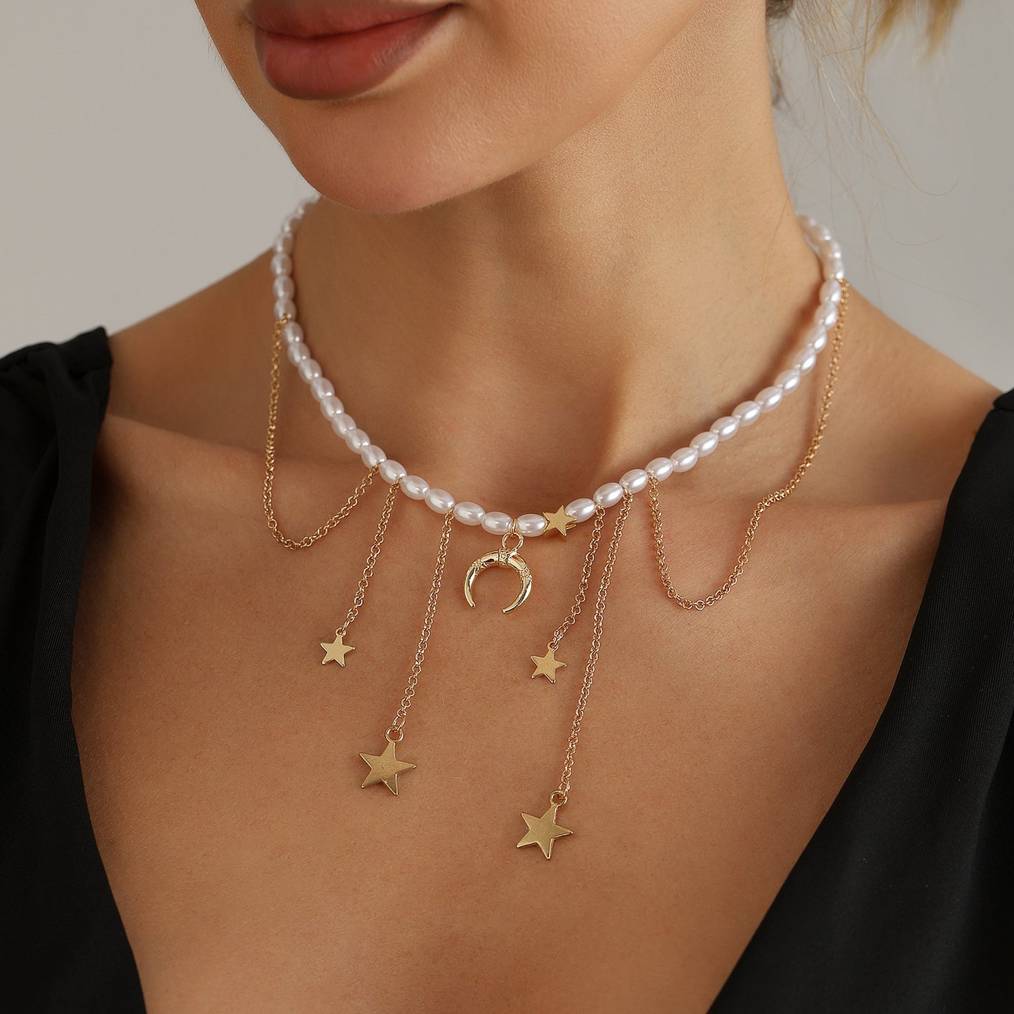 Casual Star Moon Heart Pearl Plated Alloy Necklace Multi-layer Choker for Women