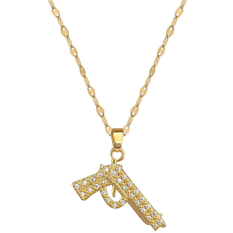Collana con ciondolo a pistola falco geometrico minimalista per donna e uomo in acciaio al titanio con dettagli in strass su catena in acciaio al titanio
