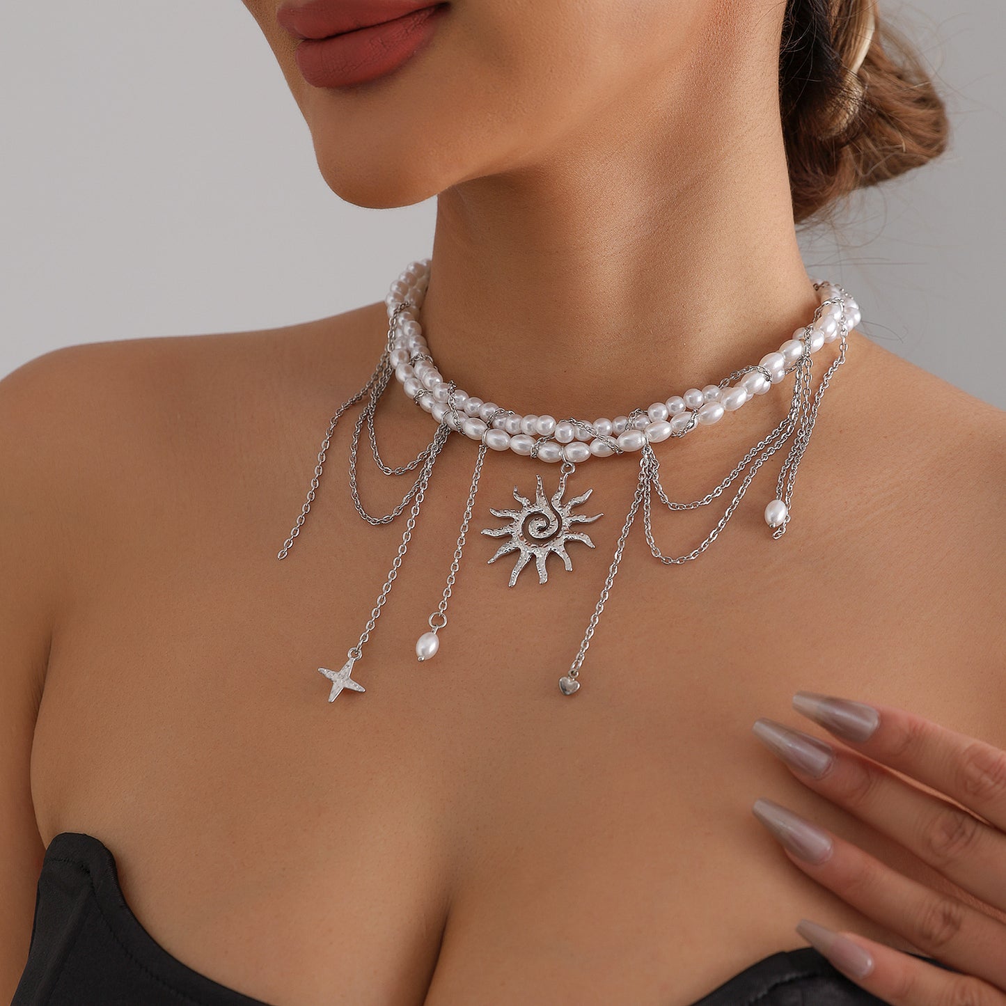 Elegant Geometric Sunflower Star Heart Tassel Pendant Necklace Alloy Plated Multi-Layer Cable Chain for Women