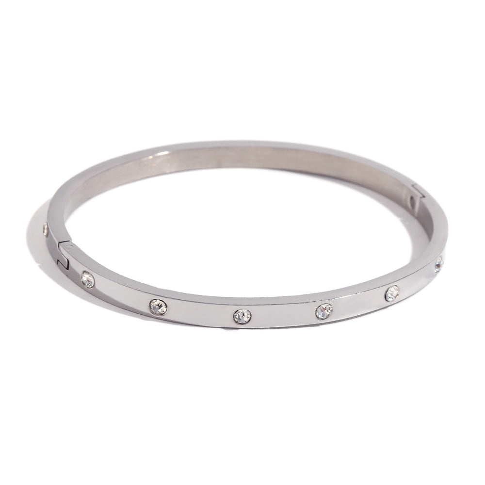 Bracciale Minimalista Geometrico in Acciaio Inossidabile con Placcatura in Oro 18K Finitura Oro Rosa e Accenti in Zirconia Rotonda